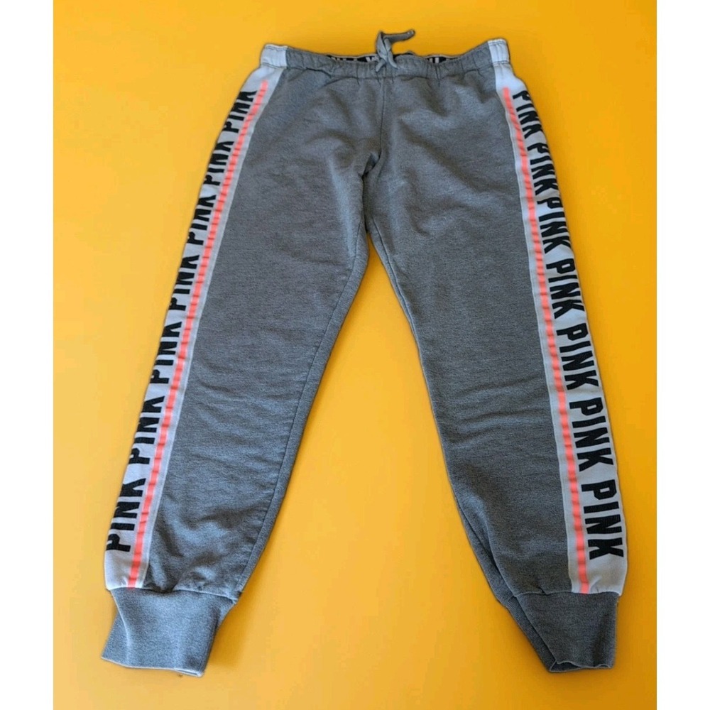 PINK Victoria's Secret Gray Logo Tape Jogger Pants Drawstring Pockets M
